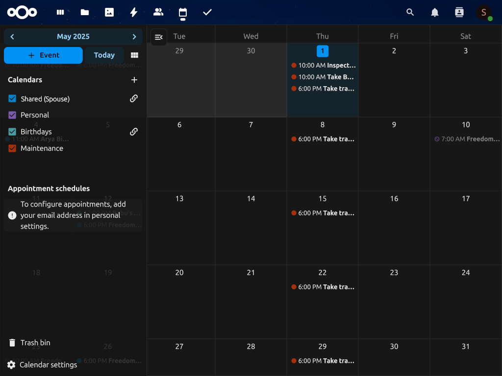 NextCloud Calendar month view showing personal and shared calendars