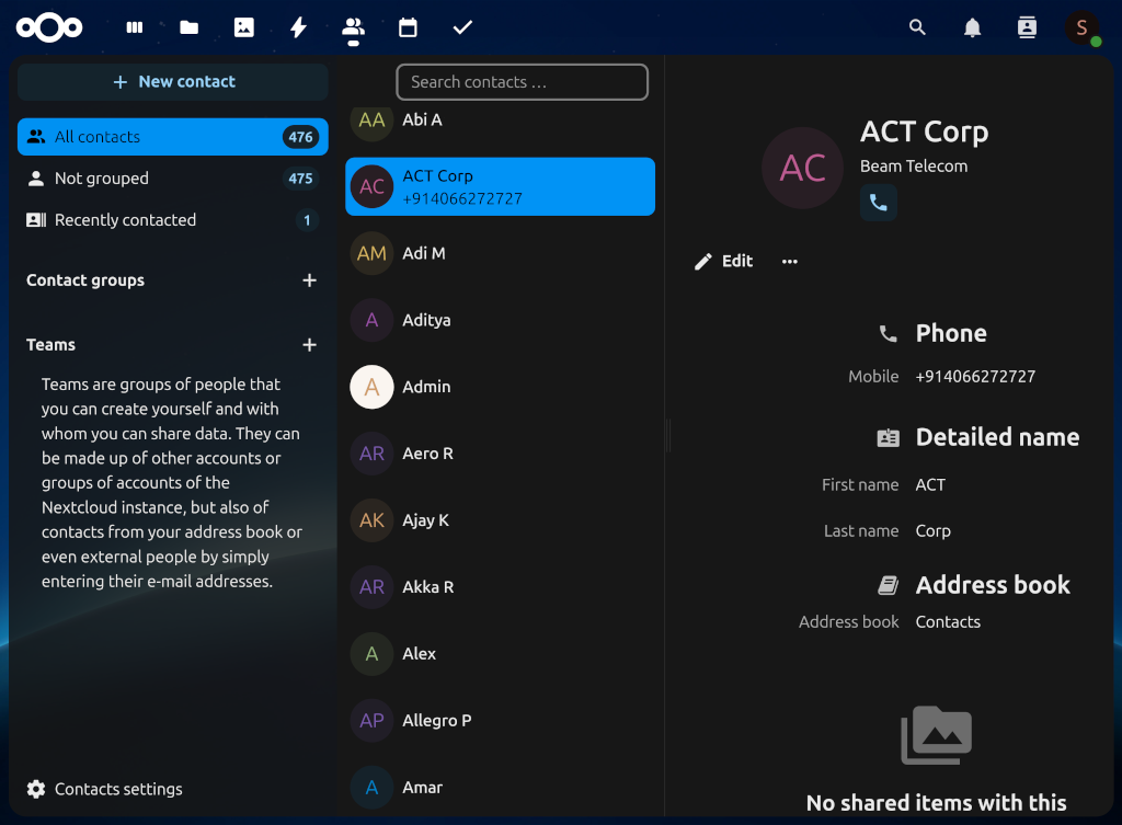 NextCloud Contacts view