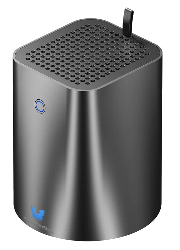 Front view of LibreCraft's FreedomBox hardware with FreedomBox logo.