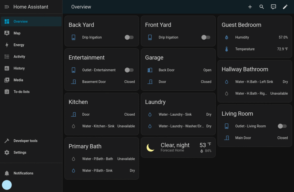 Screenshot of Home Assistant web interface showing a control panel with various areas in a home and devices such door/humidity/temperature sensors, drip irrigation control, smart plugs, water leak detectors, etc.