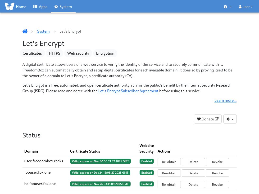 Screenshot of FreedomBox showing Let's Encrypt app managing TLS certificates for 3 separate domains.