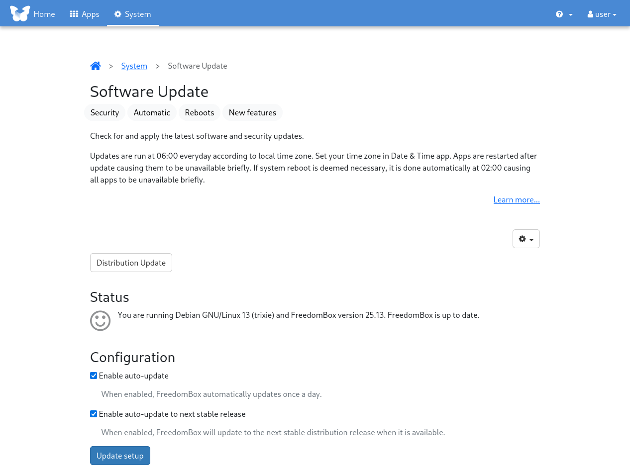 Screenshot of FreedomBox interface showing automatic security updates and automatic distribution upgrades.